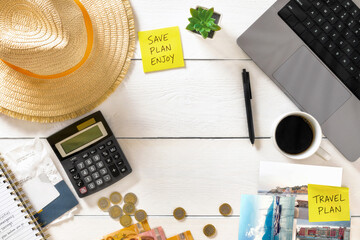 Travel Budget Workspace With Calculator Laptop Coffee