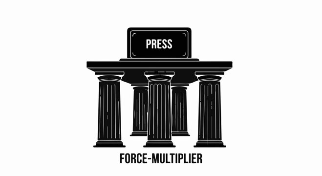 Four strong pillars support a PRESS sign symbolizing the foundation of journalism and public information.