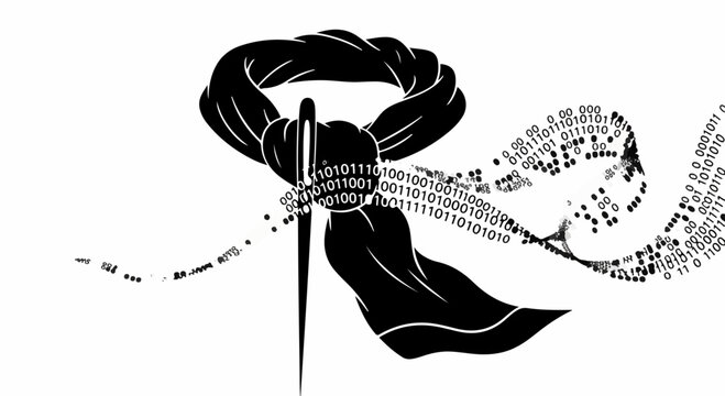 Abstract concept of digital data being woven into fabric by a needle and thread