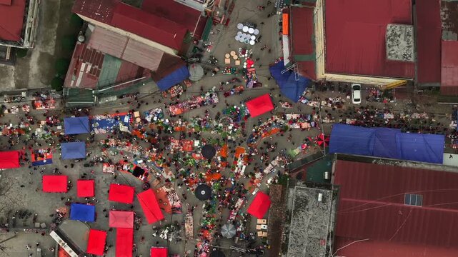 Hmong Market in Meo Vac, Dong Van District, Ha Giang Province, Vietnam. A market on weekends, ethnic minorities. Aerial