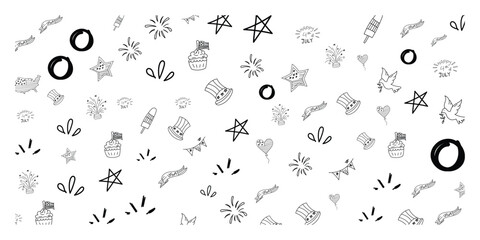 Obraz premium Patriotic 4th of July Doodle Pattern with USA Icons, 4th of July Doodle Pattern, USA Seamless Background