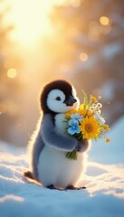 Obraz premium Fluffy baby penguin holds bright flower bouquet on snowy background. Cute chick stands on snow with wildflowers in soft golden light. Adorable animal offers gift.