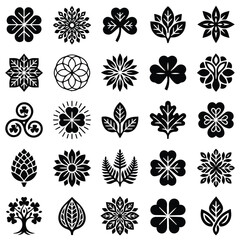 Fototapeta premium Collection of 25 black botanical and leafy pattern symbols with four leaf