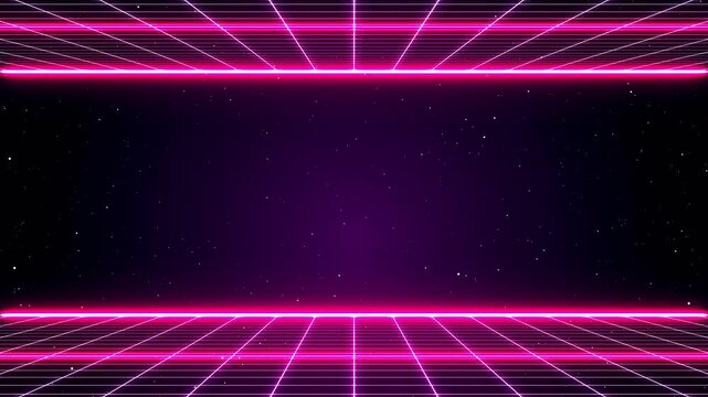 Retro 80s synthwave neon grid horizon background loop.