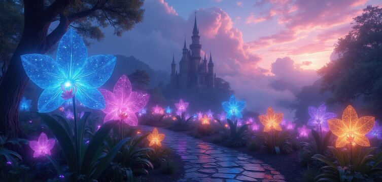 Magical garden path lined with glowing fantasy star orchids. A misty castle sits on a hill under a vibrant twilight sky. Enchanted flowers bloom in blue purple and gold.