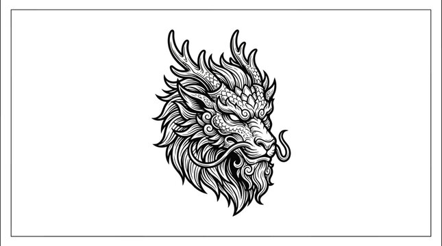 Detailed illustration of a mythical dragon head in black and white.