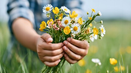 Naklejka premium Child holds wildflowers in grassy field.