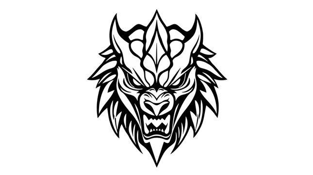 Fierce Dragon Head Illustration Black and White.