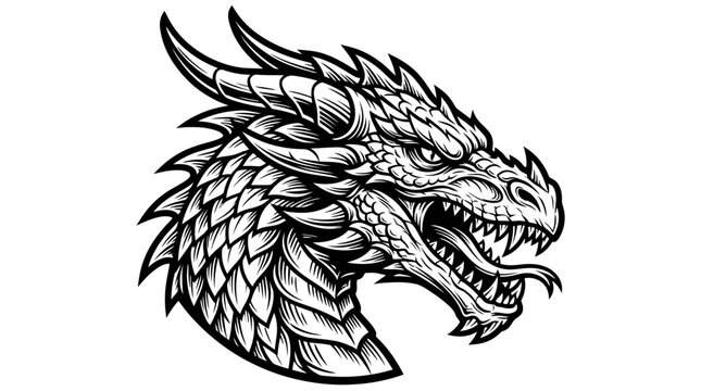 Fierce Dragon Head Illustration Black and White.