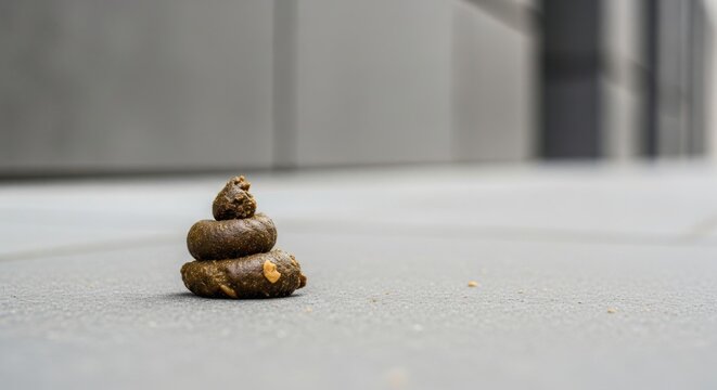 Dog poop on sidewalk near building with urban environment. Dog waste presents challenges in public areas; pet waste should be cleaned up to maintain city cleanliness.