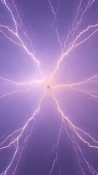 Vertical video: Releasing charge core sending branched bolt across purple night sky with dark speck