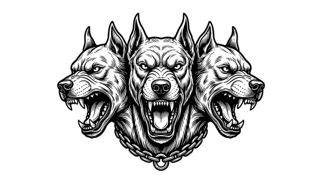Fierce Three Headed Dog Mythical Creature Illustration.