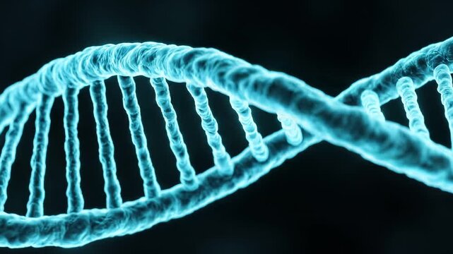 Macro orbital rotation around a DNA double helix, teal bioluminescent glow, dark background
