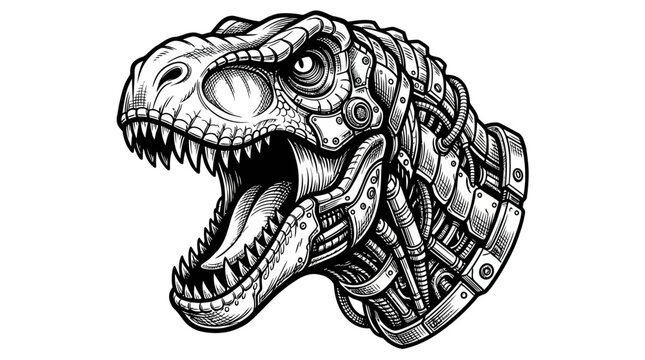 Mechanical Dinosaur Head Steampunk Style Illustration.