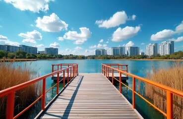Fototapeta premium Wooden pier with orange railings on bright blue lake. Tall buildings stand across water. Dry reeds grow on shore. Sunny day with white clouds in sky.