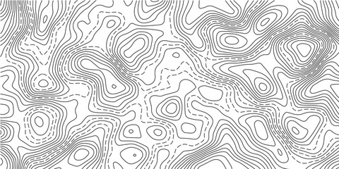 Abstract Black and White Topographic Contour Lines Pattern with Solid and Dashed Elevation Curves, Geographic Terrain Map Background for Modern Vector Design. © Hasan