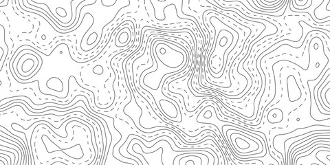 Monochrome Topographic Map Background with Solid and Dashed Contour Lines, Elevation Gradient Patterns and Geographic Terrain Design Texture. © Hasan