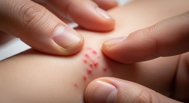 Close-up of fingers examining skin irritation with red spots on arm, indicating possible allergic reaction or insect bite.