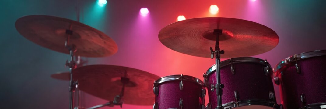 Close up drum kit cymbals framed by colored stage lights