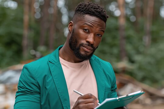 Black man writing on clipboard while standing in forest