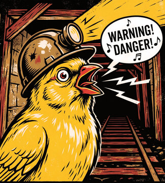 "canary in a coal mine" yellow canary wearing a small miner's helmet signaling "DANGER!" with lightning bolts