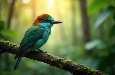 Obraz premium Colorful bird with turquoise and green feathers rests on mossy tree branch in sunlit jungle. Small avian creature perches on wood in rich green forest during daytime.