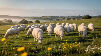 Obraz premium Flock of Sheep Grazing in a Sunny Rural Pasture with Wildflowers
