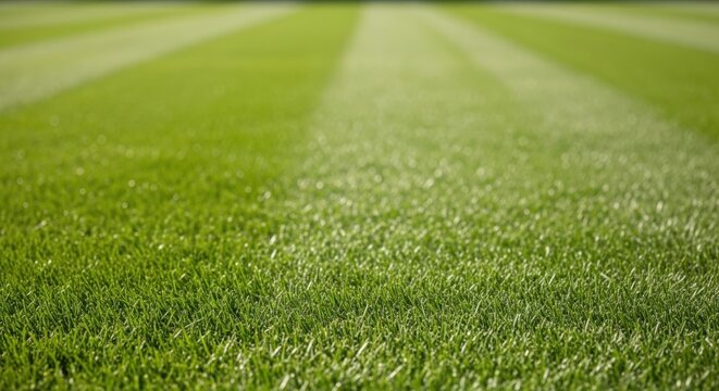 Lush green grass with perfectly striped lawn showcasing vibrant shades of green and uniform texture throughout garden area.