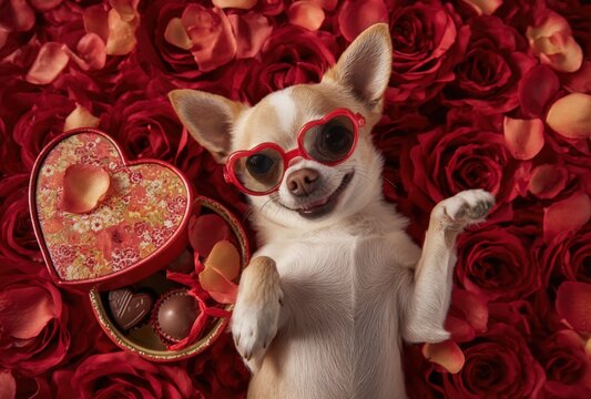 A small chihuahua dog wearing red heart shaped glasses lying on a bed of red roses next to an open heart shaped box of chocolate candies and petals