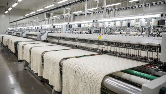 Medium shot of rows of industrial flatbed knitting machines meticulously weaving soft cotton yarn into uniform sweater panels in a clean welllit factory environment.
