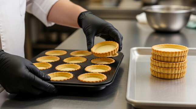 Chef wearing black protective gloves arranging freshly baked tart shells into professional muffin pan in commercial bakery kitchen environment with stainless steel trays and equipment.