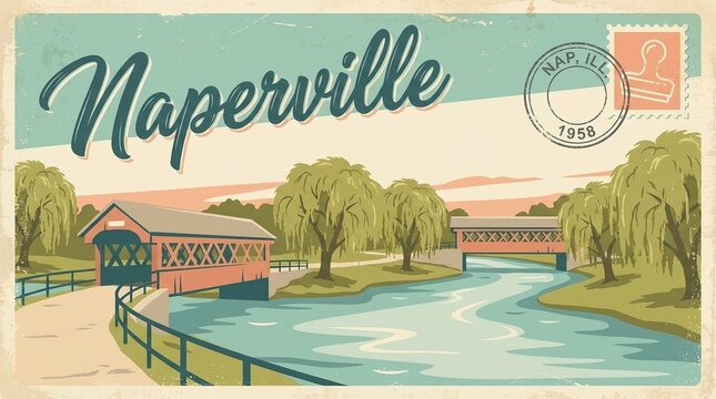 Retro Naperville Illinois Travel Postcard with Covered Bridges, Willow Trees, and Scenic Riverwalk Landscape Illustration