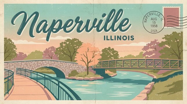 Retro Vintage Naperville Illinois Travel Postcard Illustration, Scenic Riverwalk with Stone Arch Bridge, Pedestrian Pathway, and Autumn Trees