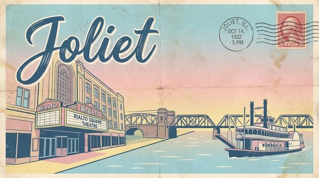 Vintage Postcard of Joliet, Illinois, Featuring Rialto Square Theatre, Riverboat, and Historic Bridge on Des Plaines River - Retro Travel Illustration