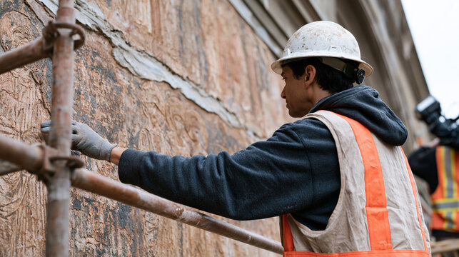 Cathedral restoration scaffolding crew supporting art conservator inspecting deteriorating fresco above nave, portable lighting rigs illuminating medieval saints, architectural