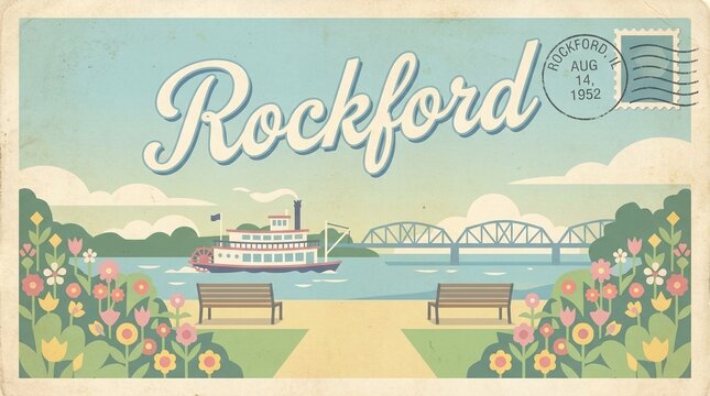 Retro Vintage Rockford Illinois Postcard Illustration with Steamboat on River, Park Benches, and Floral Border in Mid-Century Style