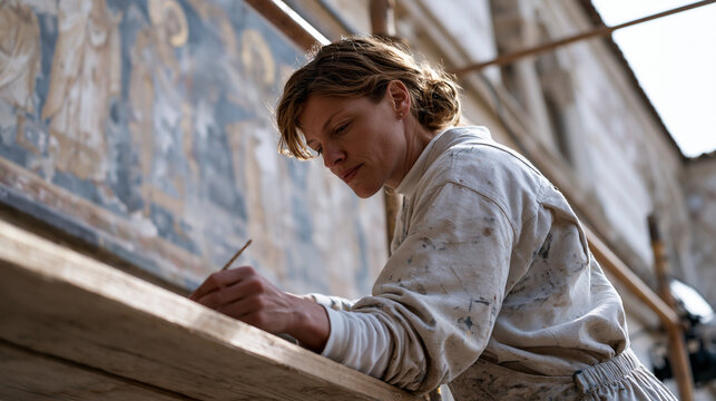 Cathedral restoration scaffolding crew supporting art conservator inspecting deteriorating fresco above nave, portable lighting rigs illuminating medieval saints, architectural