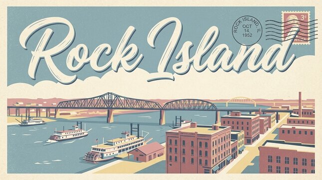 Retro Rock Island Illinois Travel Postcard Illustration Featuring Mississippi River Steamboats, Historic Waterfront Buildings, and Truss Bridge