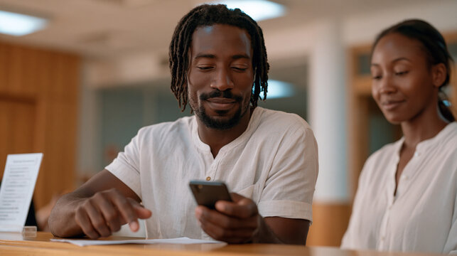 A deaf Haitian man at a government services counter holds up his phone displaying a translated message for the clerk, both working through the language gap with patient effort, a