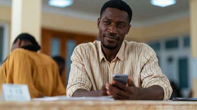 A deaf Haitian man at a government services counter holds up his phone displaying a translated message for the clerk, both working through the language gap with patient effort, a
