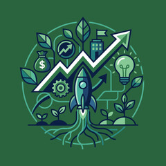 Fototapeta premium Abstract Growth Concept With Rocket And Financial Icons