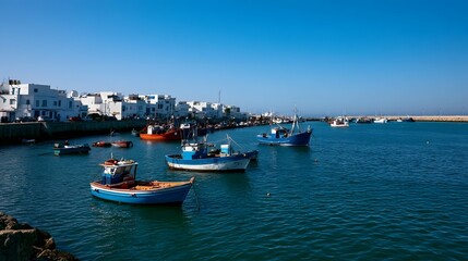 Obraz premium An adventurous fishing harbor scene is bathed in clear midday sunlight evoking a strong sense of wanderlust and coastal beauty