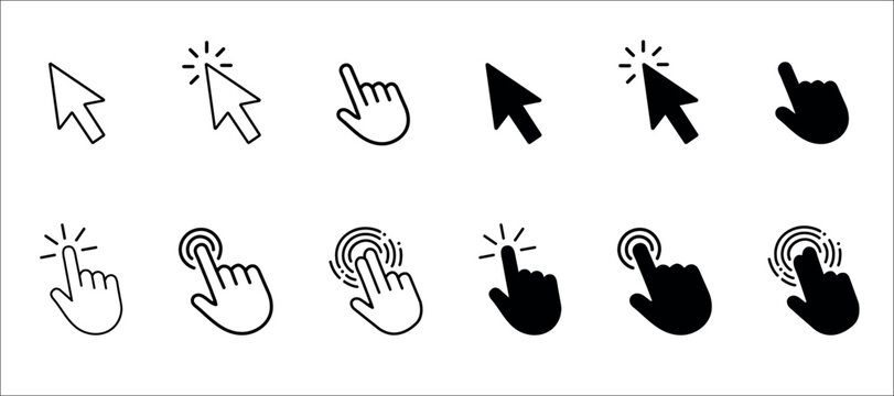 Hand cursor icon. Hand click icon set. Pointer sign and symbol. Human hand index finger screen tap and double click interactive gesture outline vector icons.
