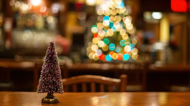 Small decorative Christmas tree on wooden table with blurred festive holiday lights in background for seasonal celebration and winter interior decor