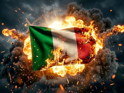 Fire burning on Italy flag. political unrest, geopolitical conflict, national crisis, civil tension, international relations, economic instability, protest movements, war consequences, patriotism