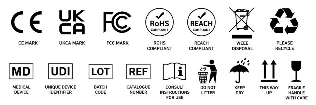 Industrial packaging symbols set, black product certification marks and compliance icons, shipping and handling labels for commercial logistics isolated on White Background ai