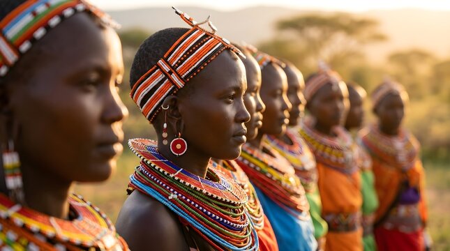A cinematic portrait capturing a line of women in vibrant traditional attire standing outdoors during golden hour, showcasing cultural heritage.
