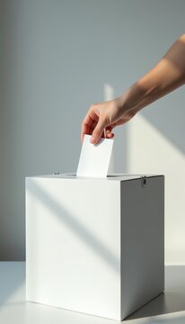 Person hand places white ballot paper into voting box on white table. Sunlight casts shadows on wall, simulating abstract lines. Citizen participates in election process, making choice for democracy.