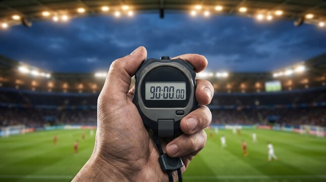 High-angle, first-person perspective of a hand holding a digital stopwatch at 90 minutes, timing a professional football game in a vibrant, lit stadium at night.