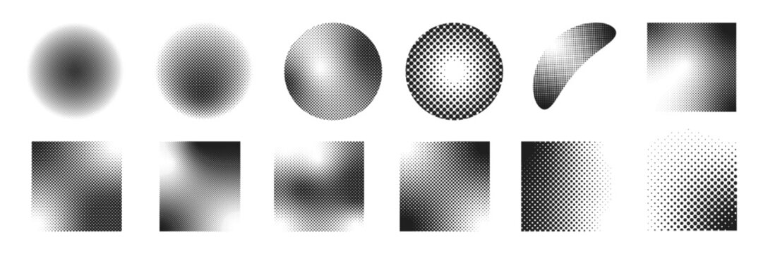 Circle and Rectangle Halftone Texture Elements Collection with Abstract Dot Gradients